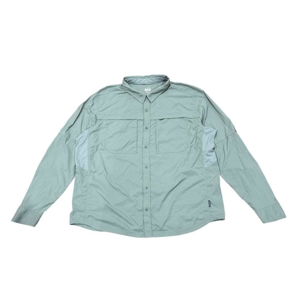 REI Co-op Men Sage Green Nylon Hiking Fishing Button Up Shirt XXL 2XL Long Sleev